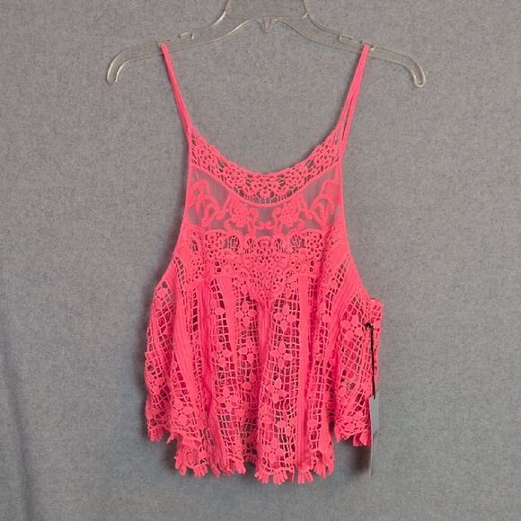 HYFVE Neon Coral Crochet Sheer Tank Women's M NWT - Picture 1 of 5